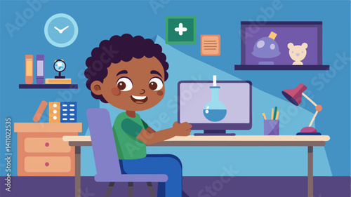 A child sitting at a desk in their bedroom video conferencing with their classmates for a virtual science lab using their Chromebook.. Vector illustration