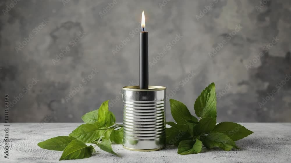 Burning Black Candle in a Tin Can with Green Leaves on a Mottled Gray Background