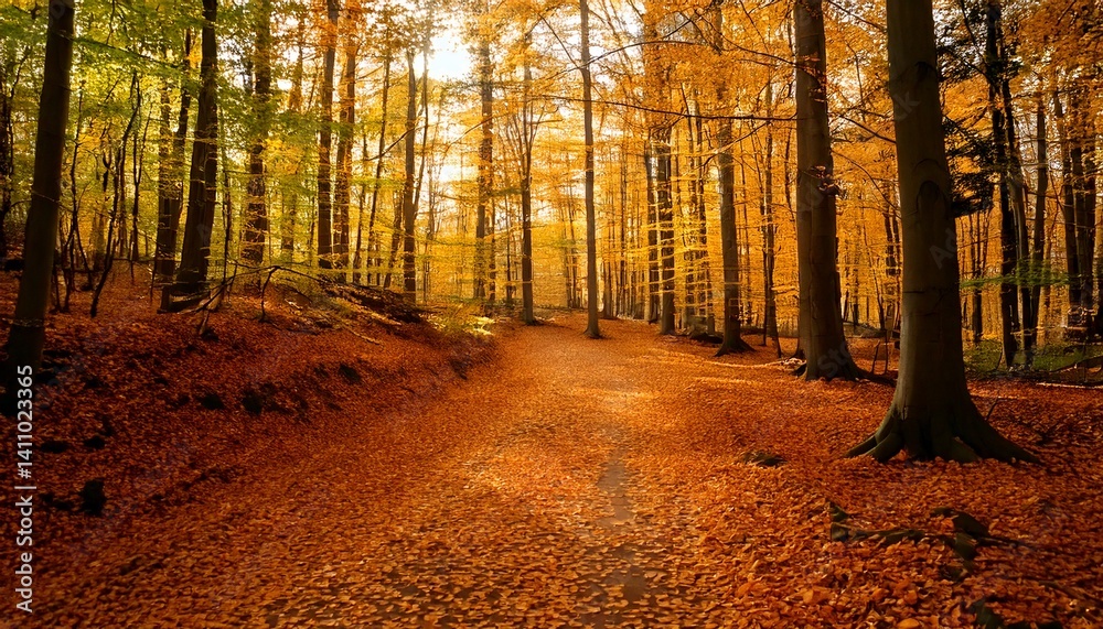 Obraz premium forest path covered in golden leaves, soft sunlight filtering 