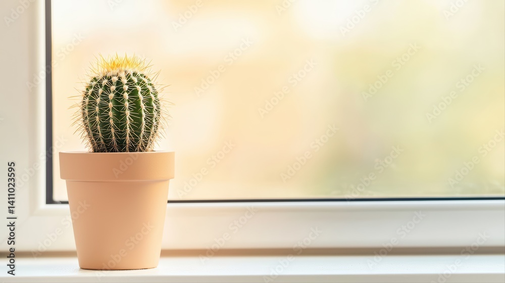 Small cactus plant in a beige pot on a sunny window sill Small cactus plant in a beige pot on a sunny window sill