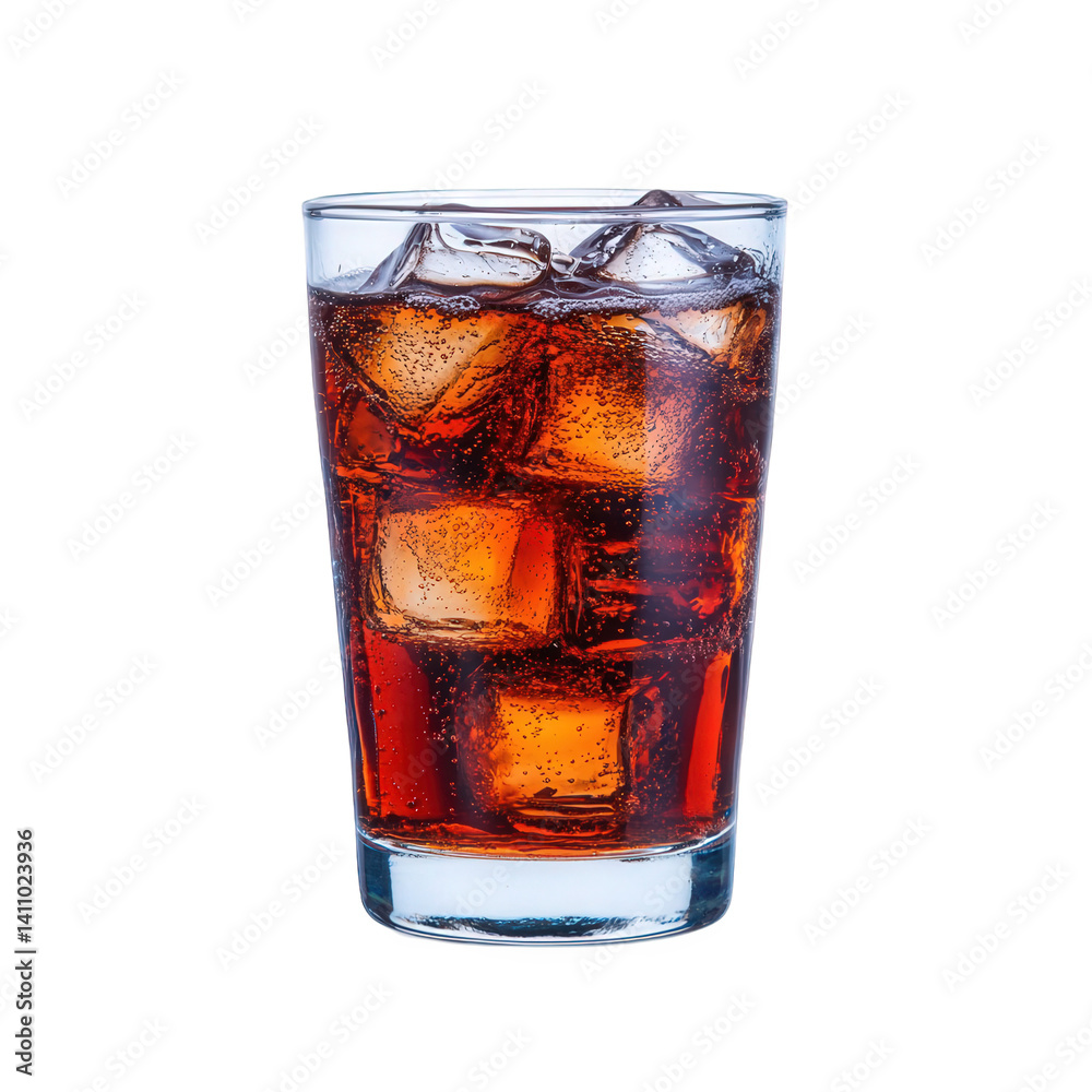 Refreshing drink with ice cubes in clear glass on a white background, perfect for hot summer days or casual gatherings with friends Refreshing drink with ice cubes in clear glass on a white background, perfect for hot summer days or casual gatherings with friends