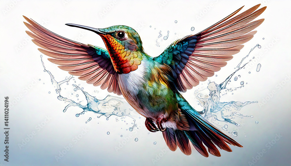 Obraz premium Digital art painting of a vibrant, stylized hummingbird with multicolored feathers is captured mid-flight against a white background