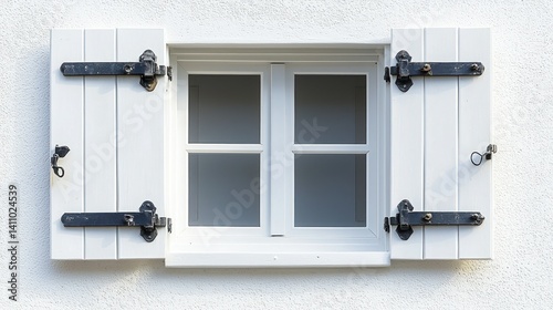 White window with opened shutters on textured wall. Black ornate hinges seen