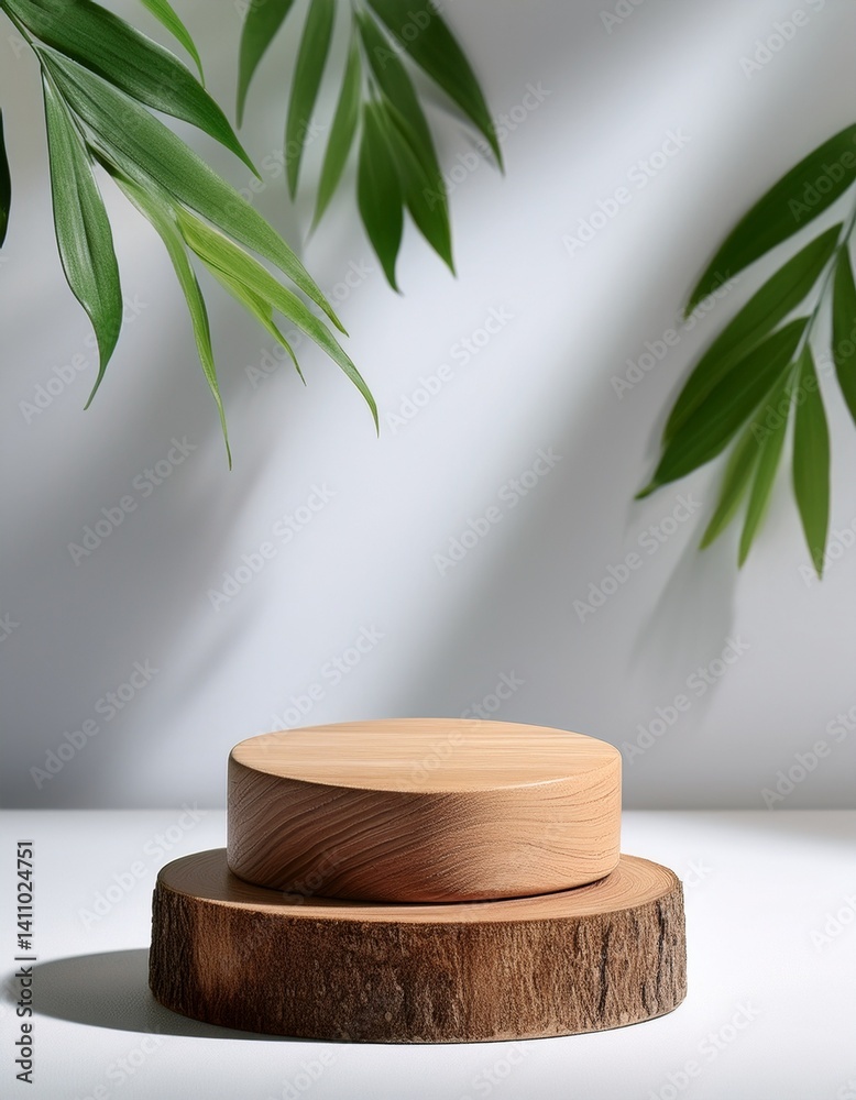 wood podium in white background with green leaves shadow