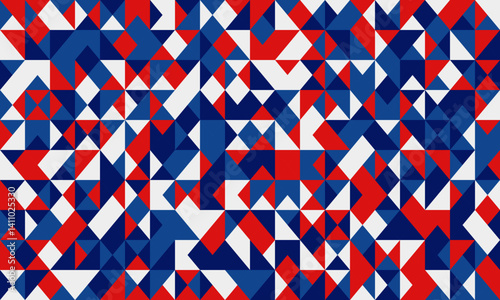 Abstract geometric pattern of red, white, and blue triangles.  Perfect for backgrounds, textiles, or modern design projects.  A vibrant, dynamic visual representing unity and diversity.