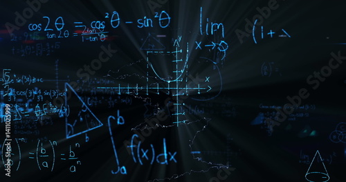 Image of lightning over mathematical equations on blackboard
