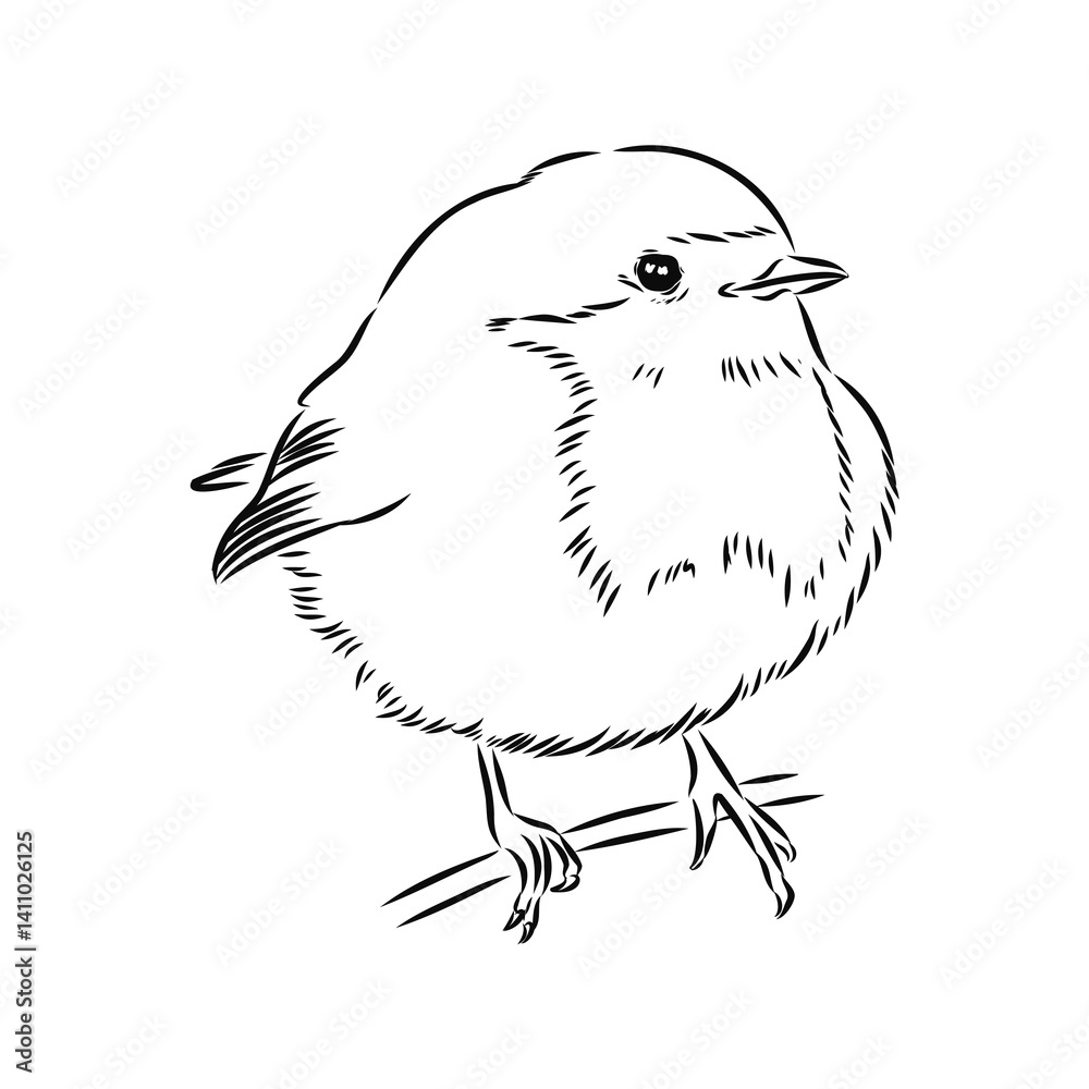 Fototapeta premium Simple black outline vector drawing. Robin bird isolated on white background. Sketch in ink.