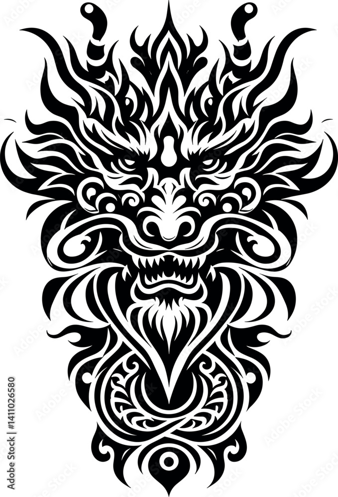 Obraz premium Striking Tribal Illustration of an Oriental Dragon’s Face