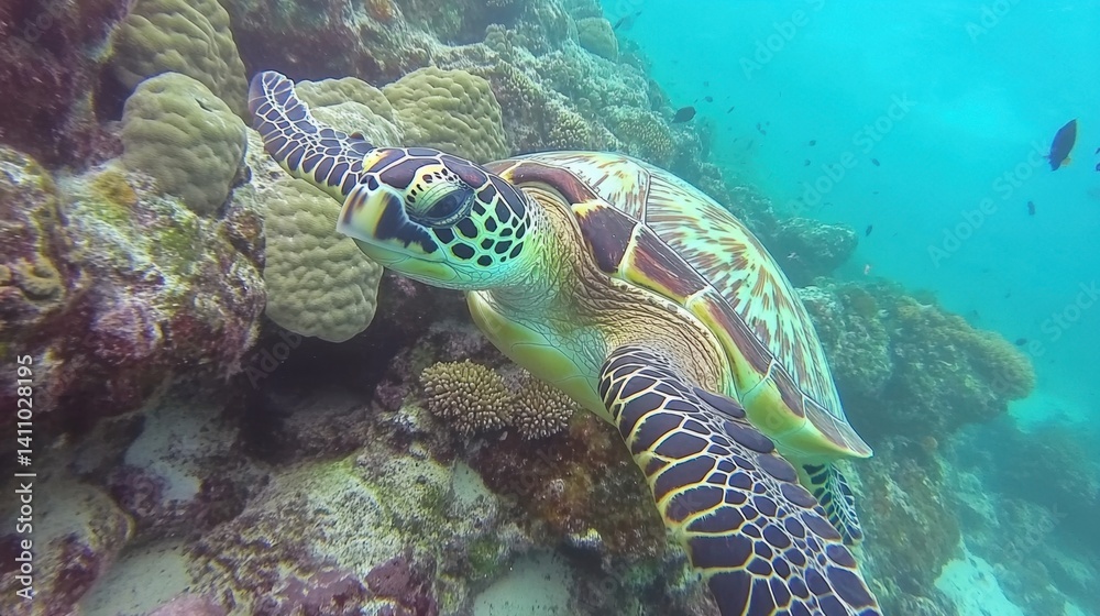 Fototapeta premium Underwater image of sea turtle moving near coral rock formations with ambient lighting
