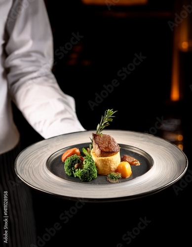 Closeup of food stylish. Restaurant serving. Close-up on the hand of a waiter