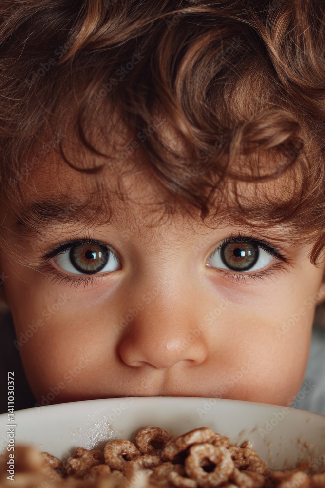 A captivating portrait of a child with striking eyes, peering over a bowl of cereal. A captivating portrait of a child with striking eyes, peering over a bowl of cereal.
