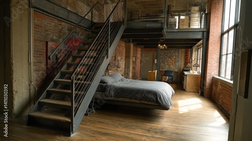 Open loft bedroom with steel staircase and urban vibes