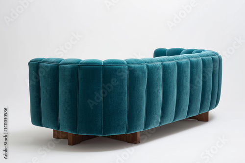 Teal Velvet Curved Sofa MidCentury Modern Design Wooden Legs