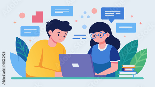 A couple of students huddle over a laptop collaborating on a web design project as they learn to navigate various website building platforms.. Vector illustration
