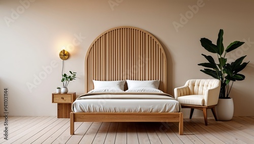 a modern, minimalist bedroom interior with a warm and inviting style. The layout features a wooden bed with a light beige headboard that has vertical slats forming a semi-circular design