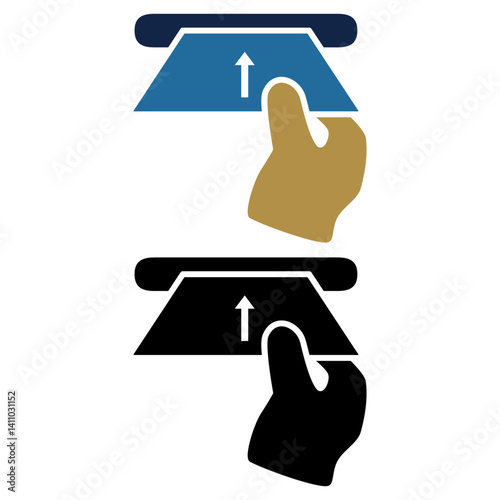 Hand inserting ATM card into ATM machine to withdraw money, simple flat style, illustration, logo sign symbol pictogram template, for ui or ux isolated on white for mobile app, editable