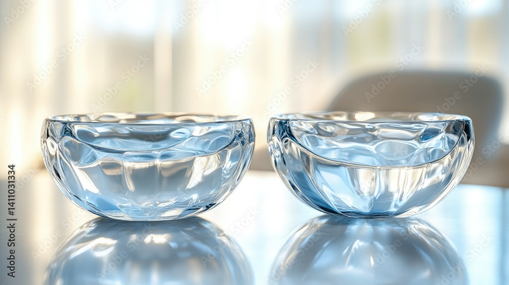 Two transparent glass bowls filled with clear liquid on a table Two transparent glass bowls filled with clear liquid on a table