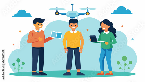 A trio of students demonstrate their prototype of a drone equipped with sensors to monitor air pollution levels in realtime.. Vector illustration