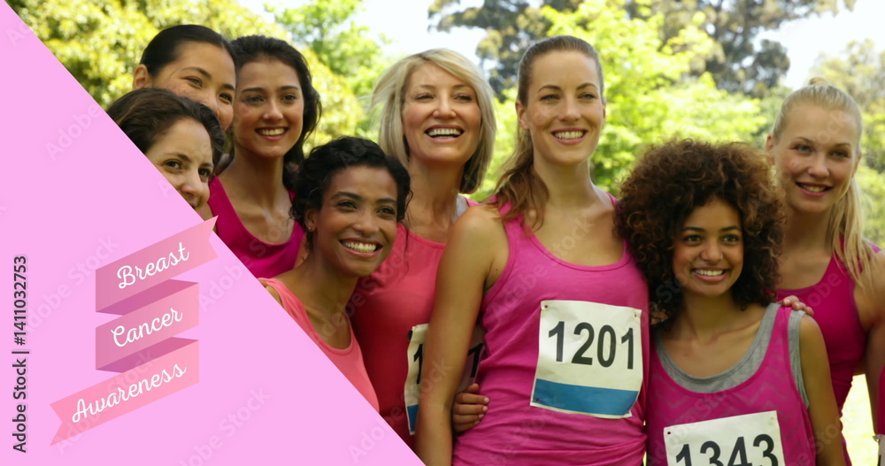 Image of breast cancer awareness text over group of smiling women Image of breast cancer awareness text over group of smiling women