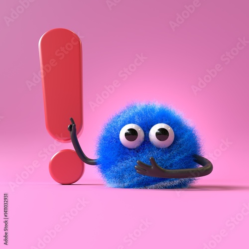 Fluffy, cute monster with an exclamation mark, symbolizing attention or warning. 3D rendering, conceptual image. Isolated on white background.