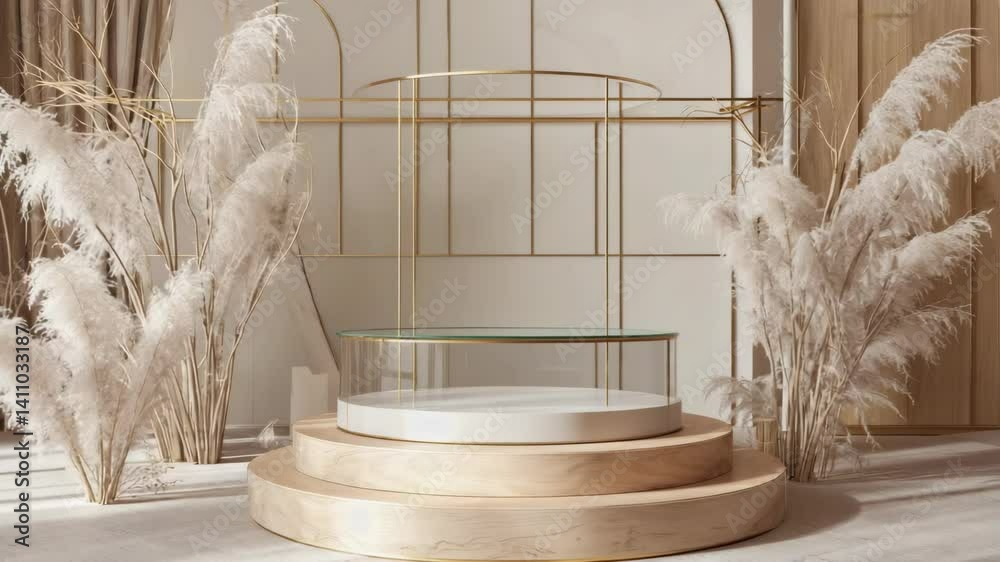 Elegant studio backdrop with wooden podiums, glass display case, pampas grass, and gold frame arches, providing a sophisticated setting.