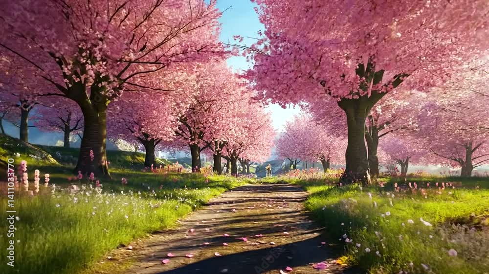 Serene spring landscape with blooming cherry blossom trees lining a tranquil pathway Serene spring landscape with blooming cherry blossom trees lining a tranquil pathway