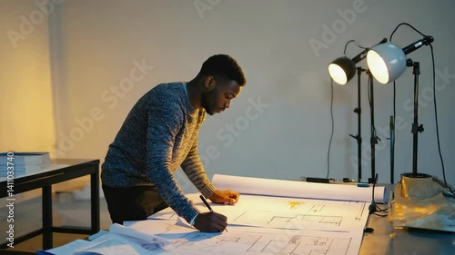African-American architect creating technical blueprints on a metal drafting table under bright lighting in studio, focused concentration