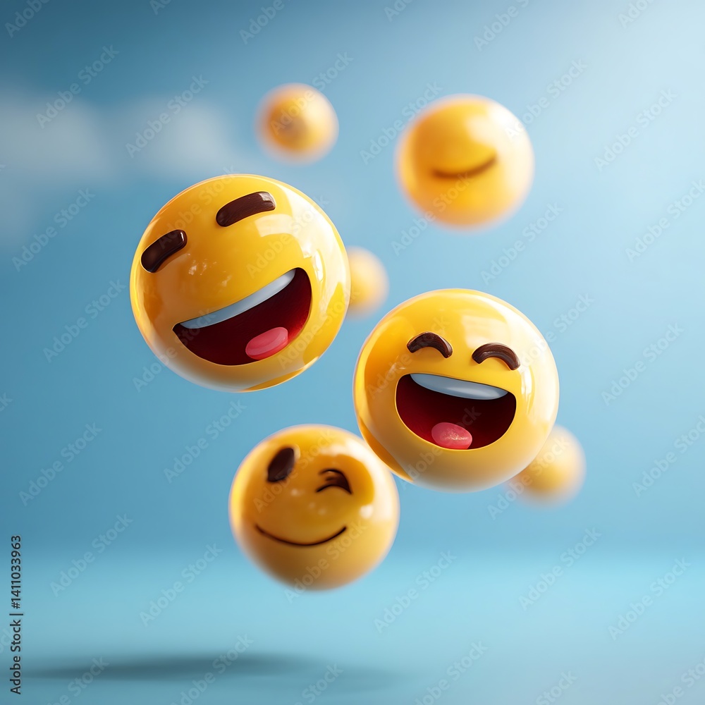 Floating Yellow Emojis on Blue – Realistic World Emoji Day Set