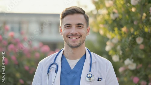 Smiling young male medical professional standing outdoors with stethoscope and white coat surrounded by colorful blooming flowers