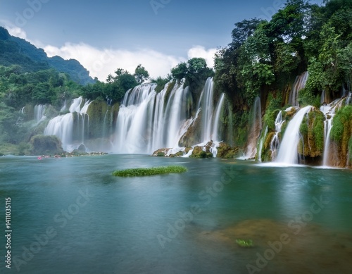 Beautiful waterfall, long exposure of many layers of waterfall to the river with clear blue color water