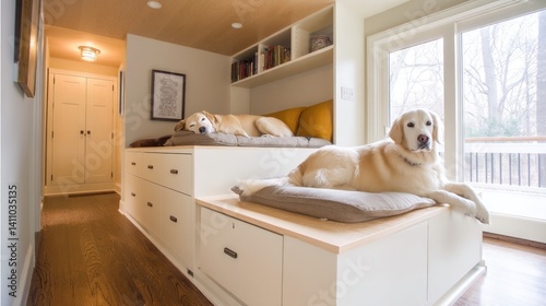 Obraz na płótnie Pet-friendly home design with built-in beds and storage w salonie