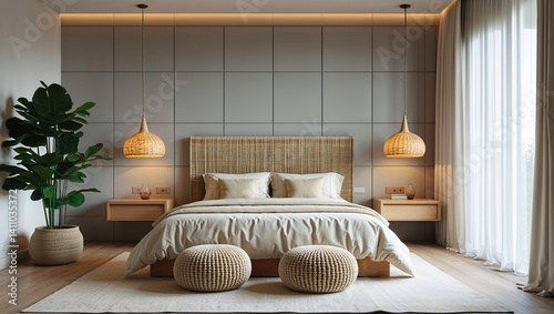 a modern, minimalist bedroom with a neutral color palette. The room features a large bed with a woven headboard, dressed in beige and cream bedding.