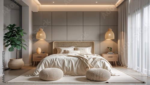 a modern, minimalist bedroom with a neutral color palette. The room features a large bed with a woven headboard, dressed in beige and cream bedding.