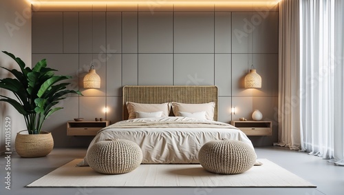 a modern, minimalist bedroom with a neutral color palette. The room features a large bed with a woven headboard, dressed in beige and cream bedding.