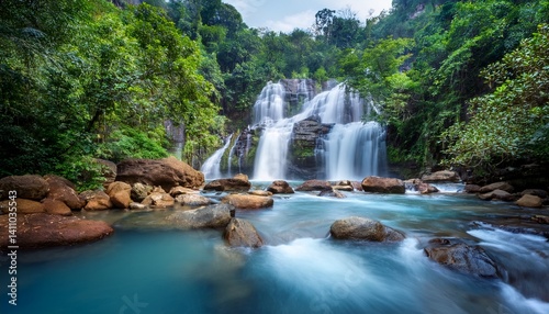 Beautiful waterfall, long exposure of many layers of waterfall to the river with clear blue color water
