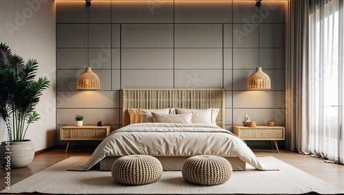 a modern, minimalist bedroom with a neutral color palette. The room features a large bed with a woven headboard, dressed in beige and cream bedding.