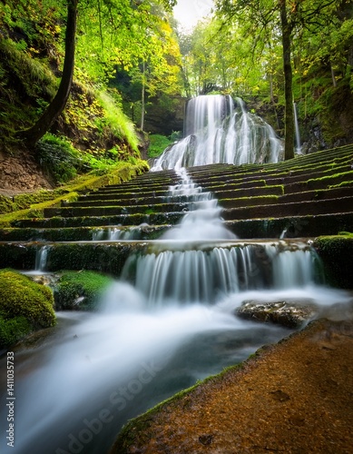 Beautiful waterfall, long exposure of many layers of waterfall to the river with clear blue color water