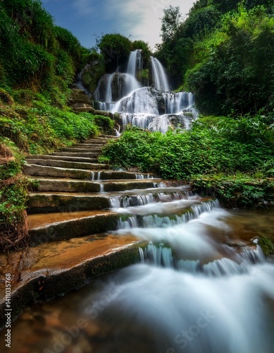 Beautiful waterfall, long exposure of many layers of waterfall to the river with clear blue color water