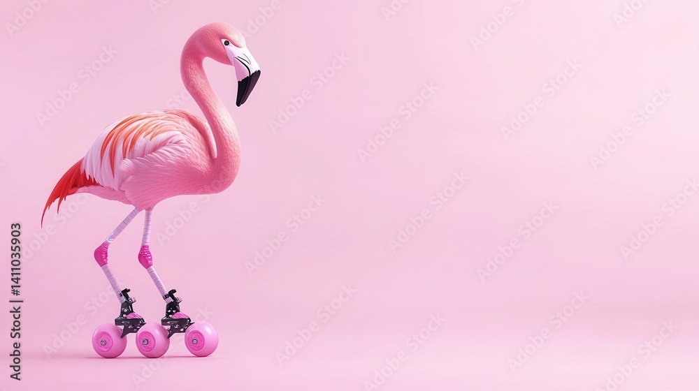 Fototapeta premium Pink flamingo on roller skates, a playful image.