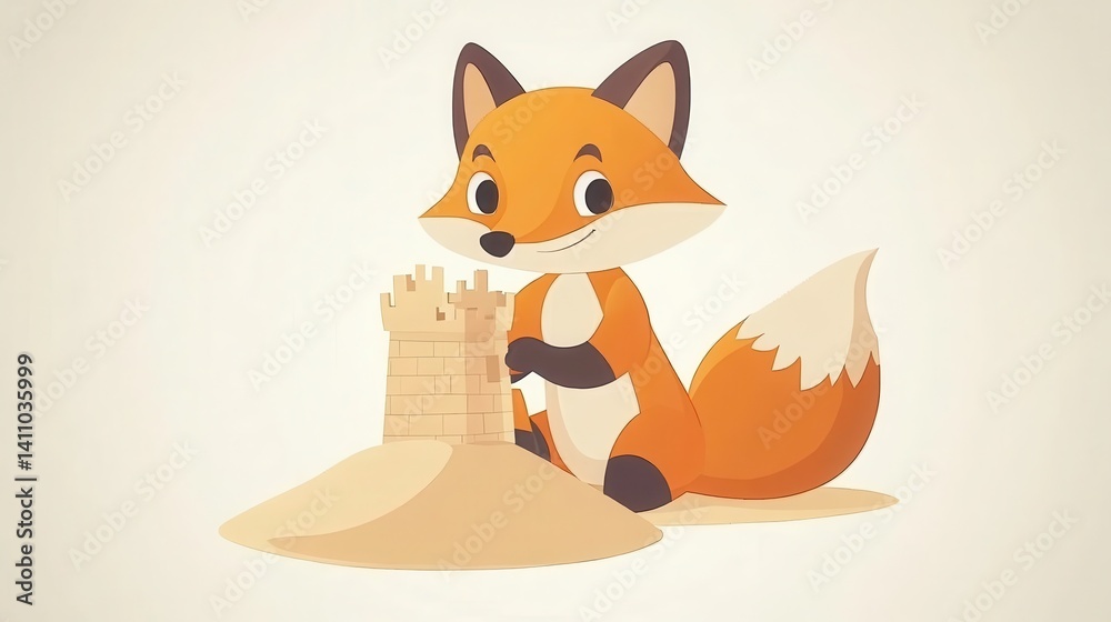 Obraz premium Cute fox constructs a sandy castle.