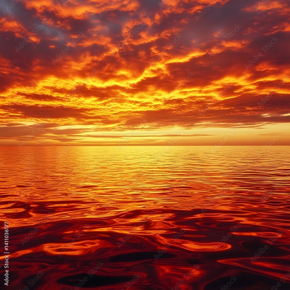 Fototapeta premium Fiery Sunset over Calm Ocean Water: Dramatic Sky and Sea Reflection