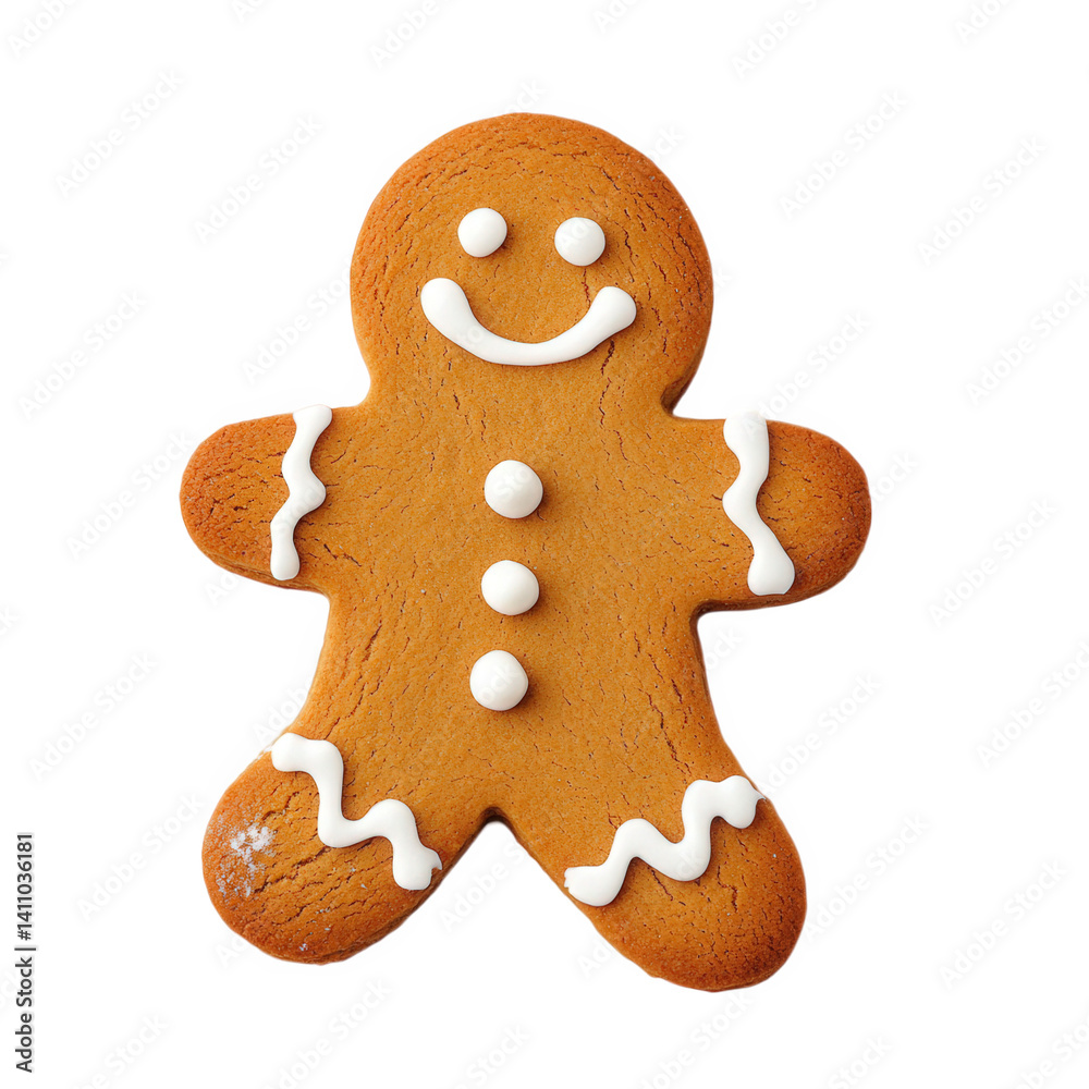 Gingerbread man cookie decorated with white icing, showcasing a happy face and festive design, perfect for holiday gatherings and baking traditions Gingerbread man cookie decorated with white icing, showcasing a happy face and festive design, perfect for holiday gatherings and baking traditions
