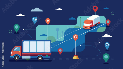 A visualization of a trucks route showing traffic patterns and estimated arrival times based on realtime GPS data.. Vector illustration