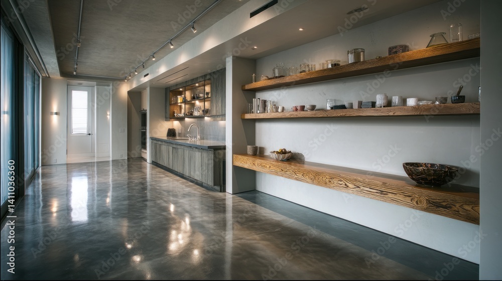 Polished concrete floor kitchen with minimalist shelving