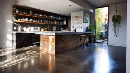 Polished concrete floor kitchen with minimalist shelving