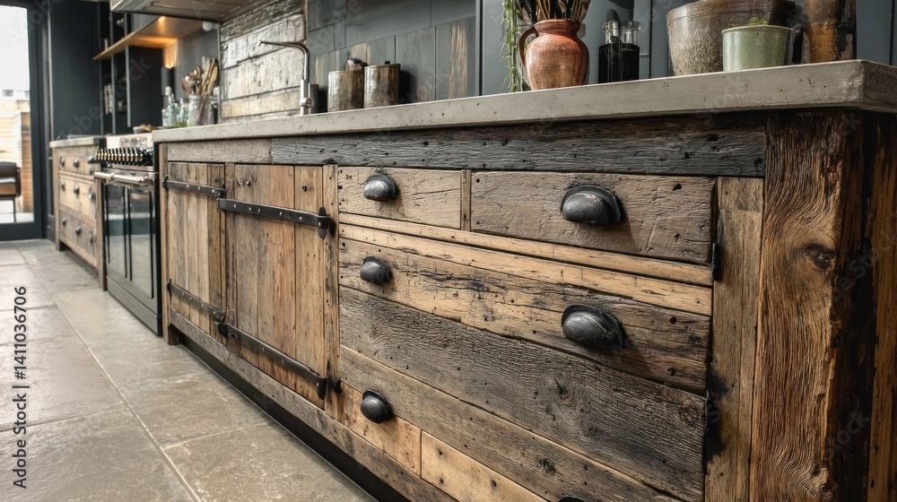 Reclaimed wood kitchen with iron handles and raw finishes