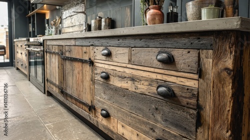 Obraz na płótnie Reclaimed wood kitchen with iron handles and raw finishes w salonie