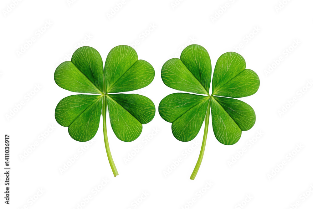 Four-leaf clovers displayed on a white background symbolize luck and good fortune, often associated with various cultural traditions and celebrations Four-leaf clovers displayed on a white background symbolize luck and good fortune, often associated with various cultural traditions and celebrations