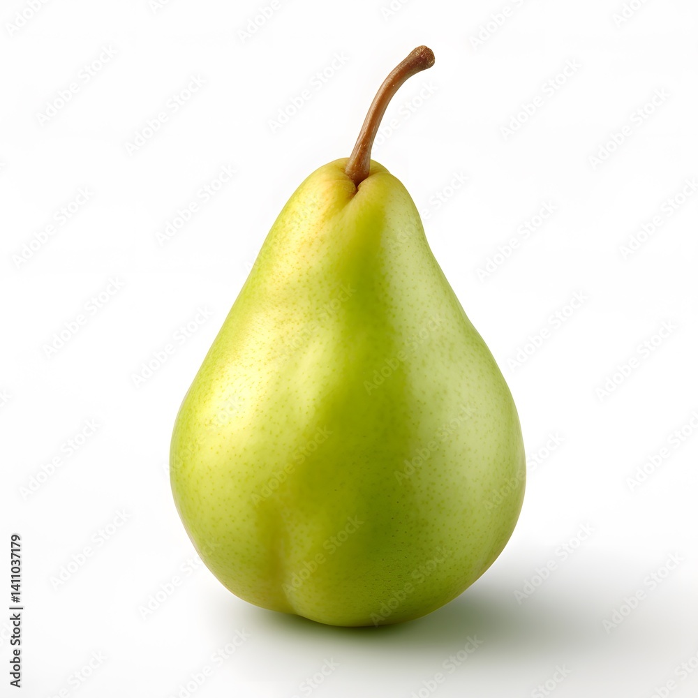 A single pear with smooth, greenish-yellow skin and a slightly dimpled texture, sitting on a plain white background. A single pear with smooth, greenish-yellow skin and a slightly dimpled texture, sitting on a plain white background.