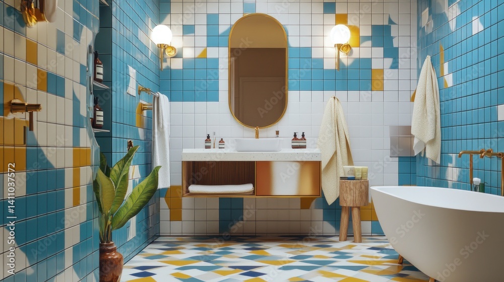 Retro modern bathroom with bold geometric tiles, vintage fixtures, and a playful yet sophisticated design.